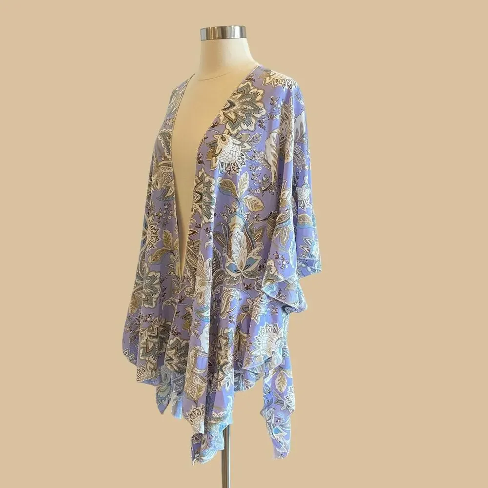 SOLD Boho Floral Kimono Ruffle Beach Coverup Cardigan - Picture 4 of 9